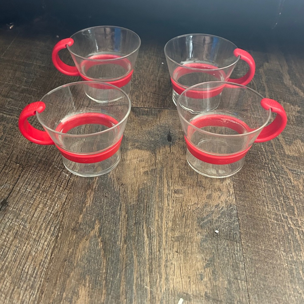 Vintage 80s Bodum Bistro Espresso Cups Set of 4 Red Handle Glass Demitasse